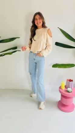 ALLIA BEIGE CUT-OUT LONG SLEEVE SHIRT