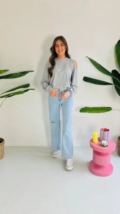 ALLIA GREY CUT-OUT LONG SLEEVE SHIRT