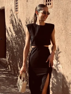 LAYALI BLACK LINEN CUT-OUT DRESS