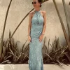 LUCIANA BLUE LACE HALTER DRESS