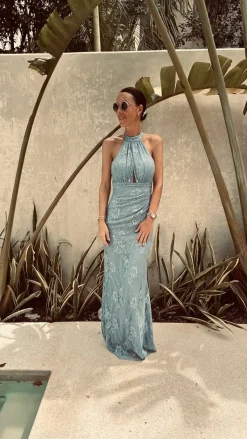 LUCIANA BLUE LACE HALTER DRESS