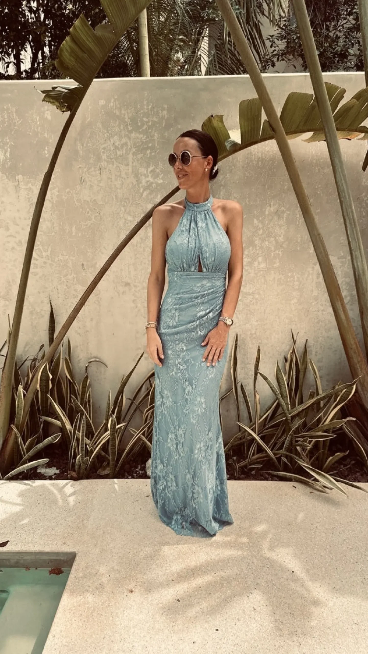 LUCIANA BLUE LACE HALTER DRESS