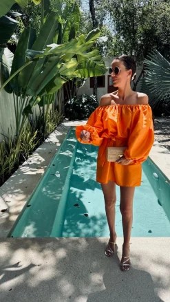 NARANJA ORANGE OFF-SHOULDER DRESS