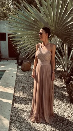 REINA PINK GLITTER ONE SHOULDER PLISSE DRESS