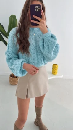 SPRING BABY BLUE CABLE KNIT PULLOVER