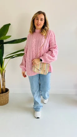 SPRING PINK CABLE KNIT PULLOVER