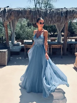 STEPHIE BLUE EMBROIDERED PLISSÉ DRESS