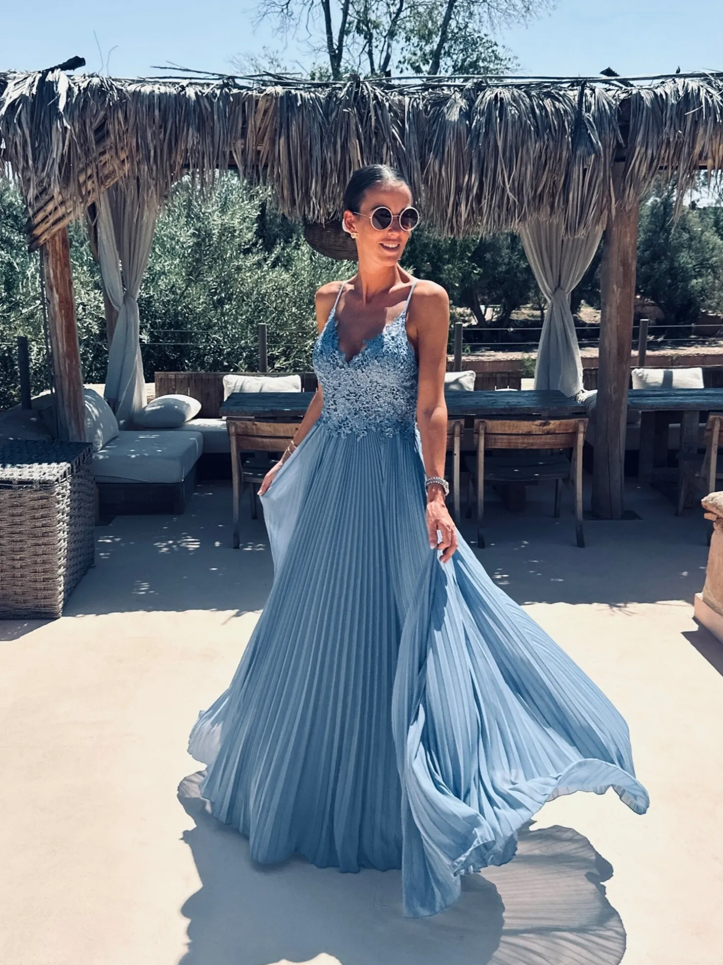 STEPHIE BLUE EMBROIDERED PLISSÉ DRESS